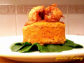 Spicy Plantain Pudding with Ginger Shrimps