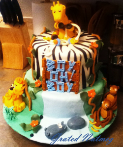 Jungle Themed Baby Shower Cake with Zebra Print Top Tier