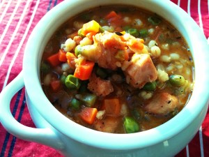 Chicken Barley Soup made with Mirepoix Base